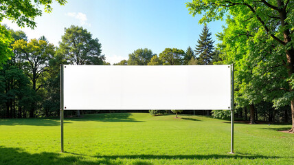 Large white banner in green park setting