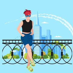 a woman in the background of the city. a girl on vacation. tourist. vector illustration of a woman and an urban landscape