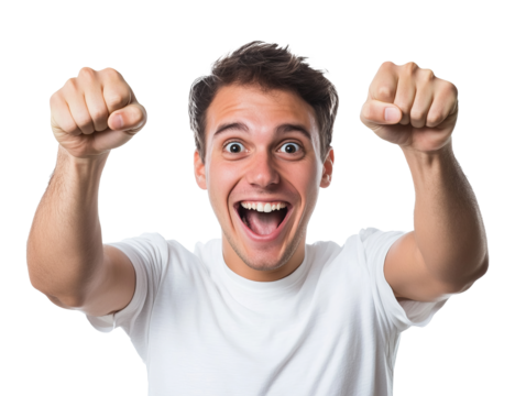 Young man celebrating with enthusiasm and joy at home, transparent