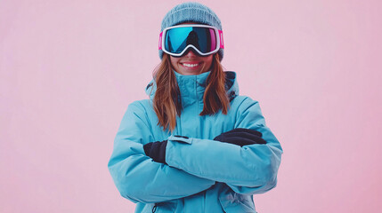 Skier smiling woman 20s wear winter suit goggles mask isolated on vibrant background.