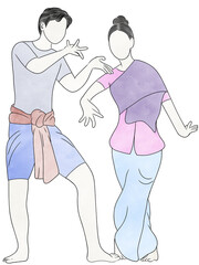 Thai traditional dancing with Thai dress.Thai musical.Creative with illustration in flat design,watercolor.