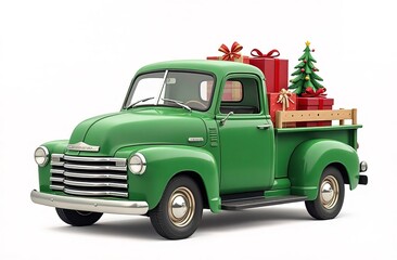 A classic green pickup truck carries festive gifts and a Christmas tree in the bed, emphasizing the joy of holiday delivery. Perfect for showcasing eco-friendly gift wrapping.
