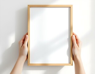 Elegant Light Oak Wooden Frame with Rounded Edges Held by Delicate Hands in Modern Minimalist Setting. Flyer mockup