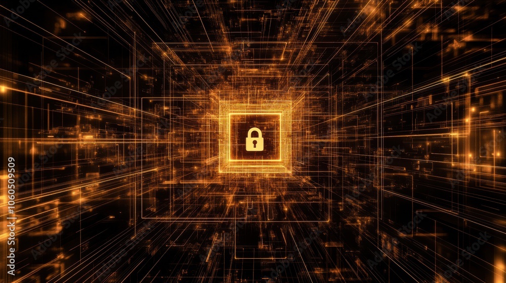 Leinwandbilder a digital illustration displays a central lock icon surrounded by glowing lines, symbolizing cyberse