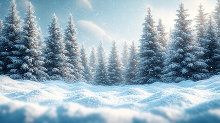 Obraz premium Christmas-themed greeting card featuring a snowy Winter landscape of snow-covered fir trees perfect for the holiday season.