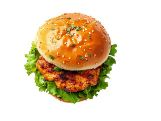 Juicy chicken burger with lettuce and sesame bun on white background, transparent