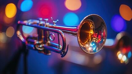 Captivating Brass Trumpet Bathed in Colorful Lights: A Tribute to Jazz Music and Artistic Performance