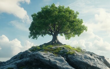 Obraz premium A lone sacred tree on a hilltop, with its roots deeply intertwined with cultural heritage