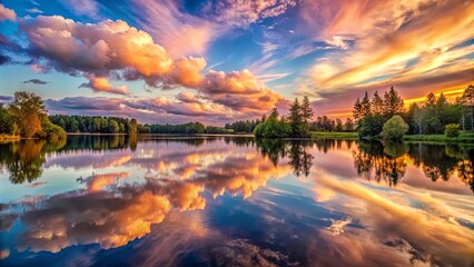 Obraz premium A Tranquil Mirror Reflecting the Colors of the Sky During a Sunset Over a Serene Forest Lake