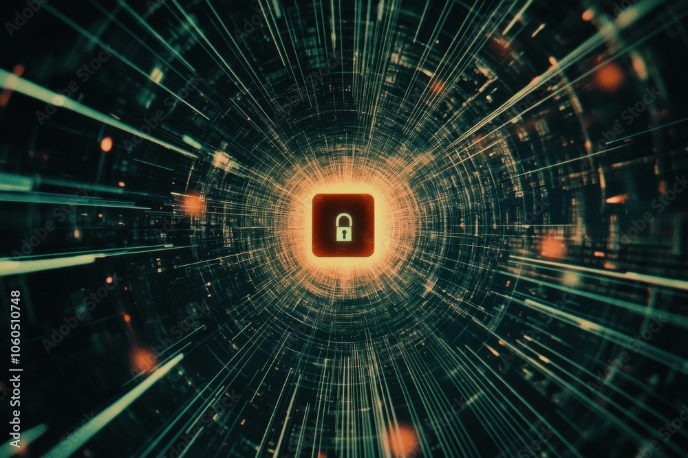 Fototapete a vibrant computer screen displays a central lock icon, representing security and data protection in