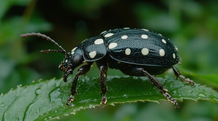 Naklejka premium Stunning Macro Capture of a Polka-Dot Beetle on a Leaf with Rain Droplets