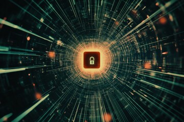 A vibrant computer screen displays a central lock icon, representing security and data protection in a digital landscape. Generative AI