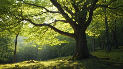 Fototapeta premium A medicinal tree with vibrant green leaves, growing in a serene forest known for its healing properties