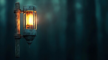 Rustic lantern with warm glow attached to wooden post against dark, blurred forest background