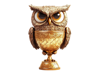 A golden owl trophy displayed on a pedestal, cut out transparent