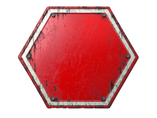 Weathered red hexagonal sign with a worn surface and metallic edges, transparent