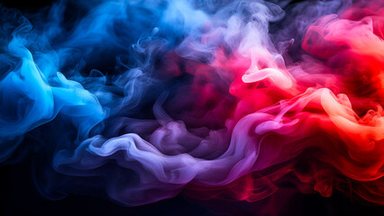 Obraz premium Thick clouds of blue, red and pink colors that mix to create a gradient on a dark background.
