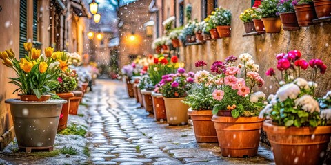 A cobblestone pathway lined with terracotta pots bursting with vibrant blooms, a gentle snowfall adds a touch of winter magic to this picturesque scene.