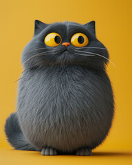 Fototapeta premium Fluffy grey cat with large yellow eyes, sitting against bright yellow background, exuding playful and adorable charm