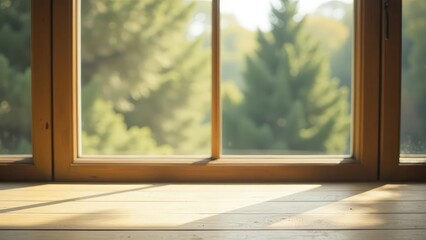an empty wooden table top on the background of a window