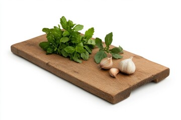Fresh ingredients including leafy herbs and garlic on a wooden cutting board, ideal for cooking and garnishing.