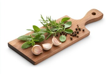 Fresh herbs and garlic on a wooden cutting board, ideal for cooking and seasoning dishes.