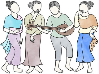 Thai traditional dancing with Thai dress.Thai musical.Creative with illustration in flat design,watercolor.