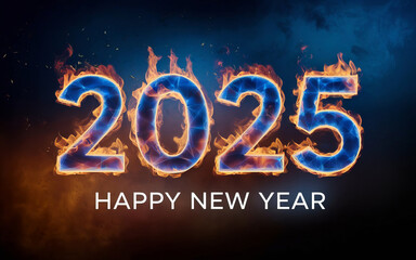 Text Happy New Year 2025 on blue background with Neon Fire Text Effect.