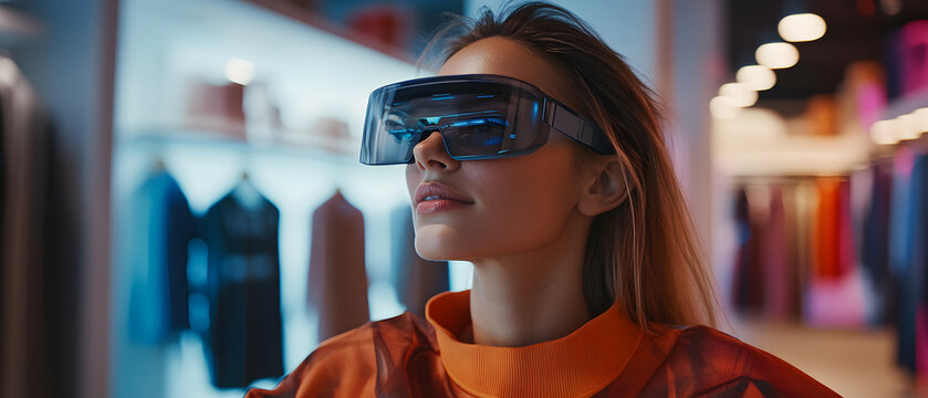 Woman Wearing Futuristic Glasses in a Modern Store