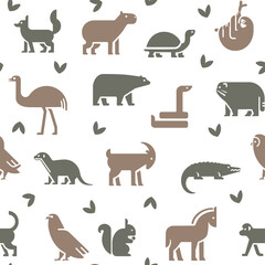 Wild animals seamless pattern. Crocodile, monkey, capybara, eagle, owl, turtle, sloth, horse, squirrel, ostrich, otter, fox. Cute, warm, flat design, vector set