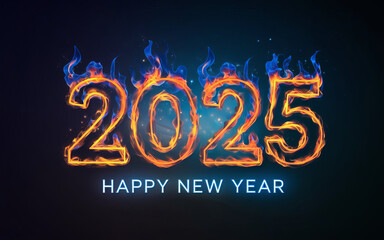 Text Happy New Year 2025 on blue background with Fire Brushes or Flame Texture Overlays 