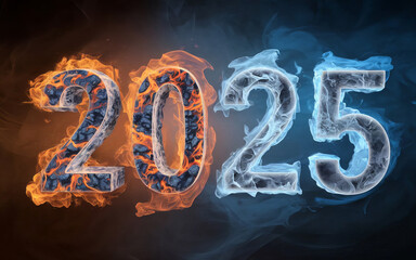 Text Happy New Year 2025 on blue background with Neon Fire Text Effect.