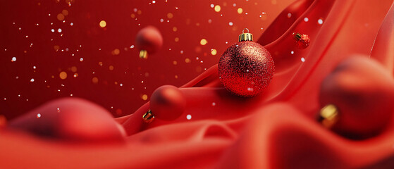 Red Christmas Ornament on Red Fabric with Glitter and Bokeh