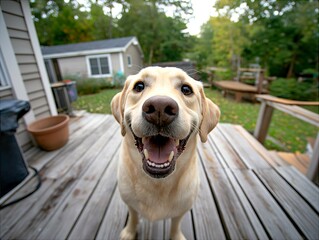 Smiling golden retriever on a porch 
