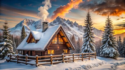 A cozy wooden cabin nestled amidst snow-covered trees, with smoke rising from its chimney,  and a breathtaking view of a majestic mountain range bathed in the golden glow of a winter sunset.