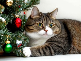 Chubby cat under the decorated Christmas tree