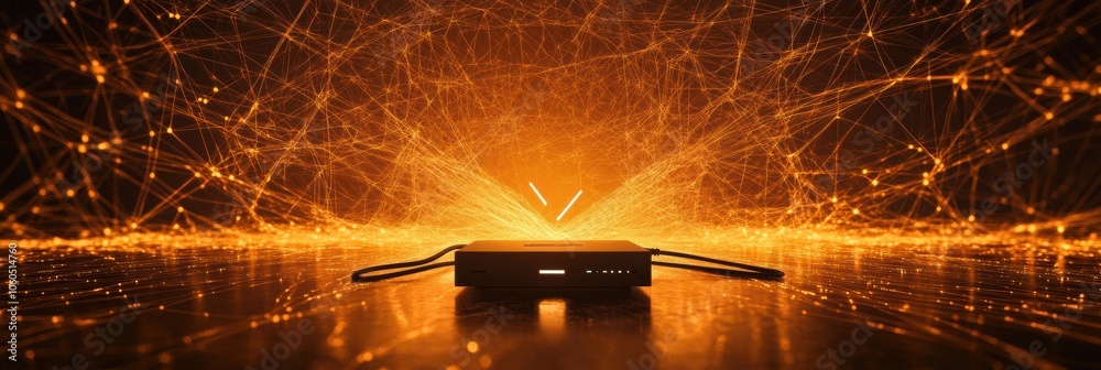 Aufkleber a router sits at the center, with glowing network cables radiating light in an abstract digital land