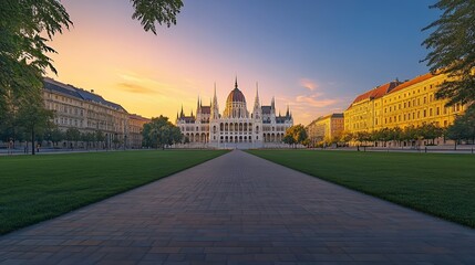 Obraz premium The stunning Budapest Parliament building bathed in the warm glow of dawn light
