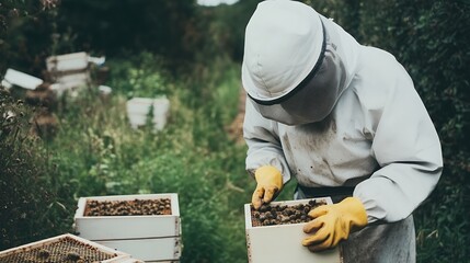 Beekeeper in protective gear inspecting a beehive in a lush green garden