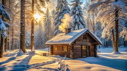 A Rustic Cabin Nestled Amidst a Snowy Forest, Bathed in the Warm Glow of the Setting Sun, with Smoke Rising from Its Chimney, Inviting One to Seek Shelter and Tranquility