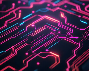Illuminated circuit patterns showcase technology's fusion with art in a dark digital landscape revealing complex connections and modern design aesthetics