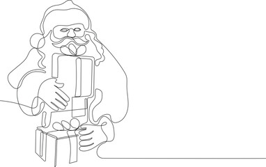 Outlined Cute Santa Claus Cartoon Character With A Sack Full Of Gifts. Vector Hand Drawn Illustration. One continuous line drawing Santa Claus on reindeer and sled. concept for Christmas and New Year