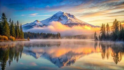 A serene morning mist envelops a tranquil lake, mirroring the majestic snow-capped mountain peak, bathed in the warm glow of sunrise.