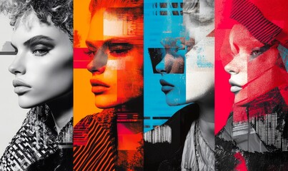 Typography poster design. Posters with four distinct fashion portraits, each overlaid with typography design elements and promotional text