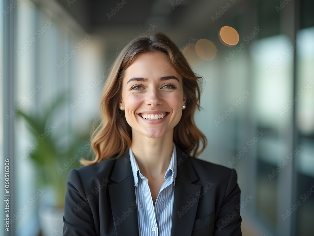 Poster Portrait of a Smiling Businesswoman in a Modern Office