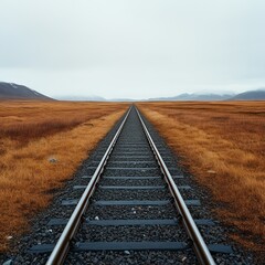 Obraz premium A serene view of railway tracks stretching into a vast, golden-brown landscape under a cloudy sky, symbolizing journey and solitude.