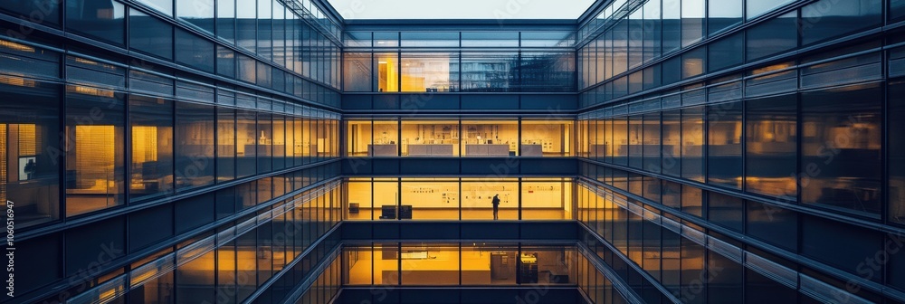 Aufkleber Surveillance cameras are strategically placed around a modern office building, capturing the busy activity inside as dusk falls. Generative AI