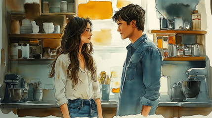 Couple gazing at each other in rustic kitchen