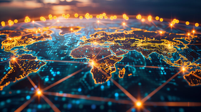 Mapa mundial digital iluminado con conexiones de red