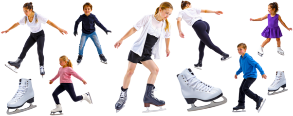 Ice Skating Dreams: Diverse group of children and teens showcasing various ice skating poses and skills. Perfect for websites, brochures, and advertisements related to figure skating, winter sports.